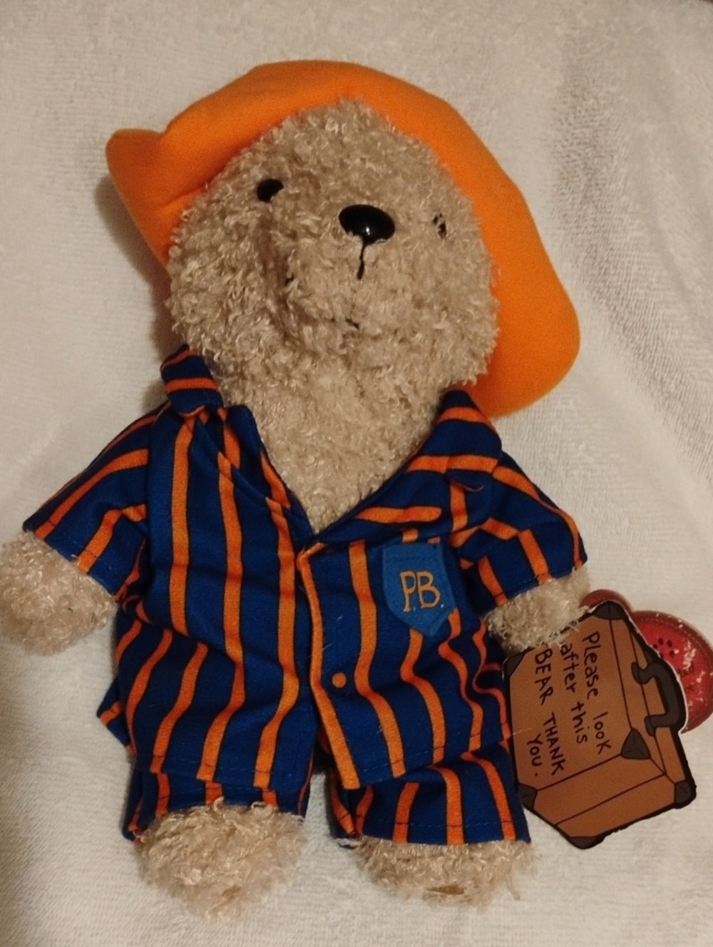 Paddinton Plush Bear in Blue & Orange Striped Pajamas with Orange Hat-Vintage